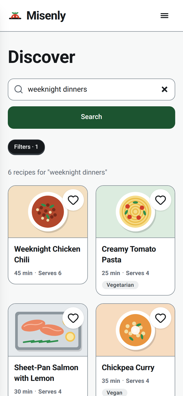 The Misenly Discover screen with search results for weeknight dinners and a Filters button