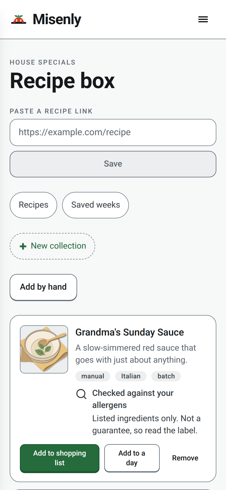 The Misenly Recipe box, with a field to paste a recipe link and a saved recipe with an Add to shopping list button