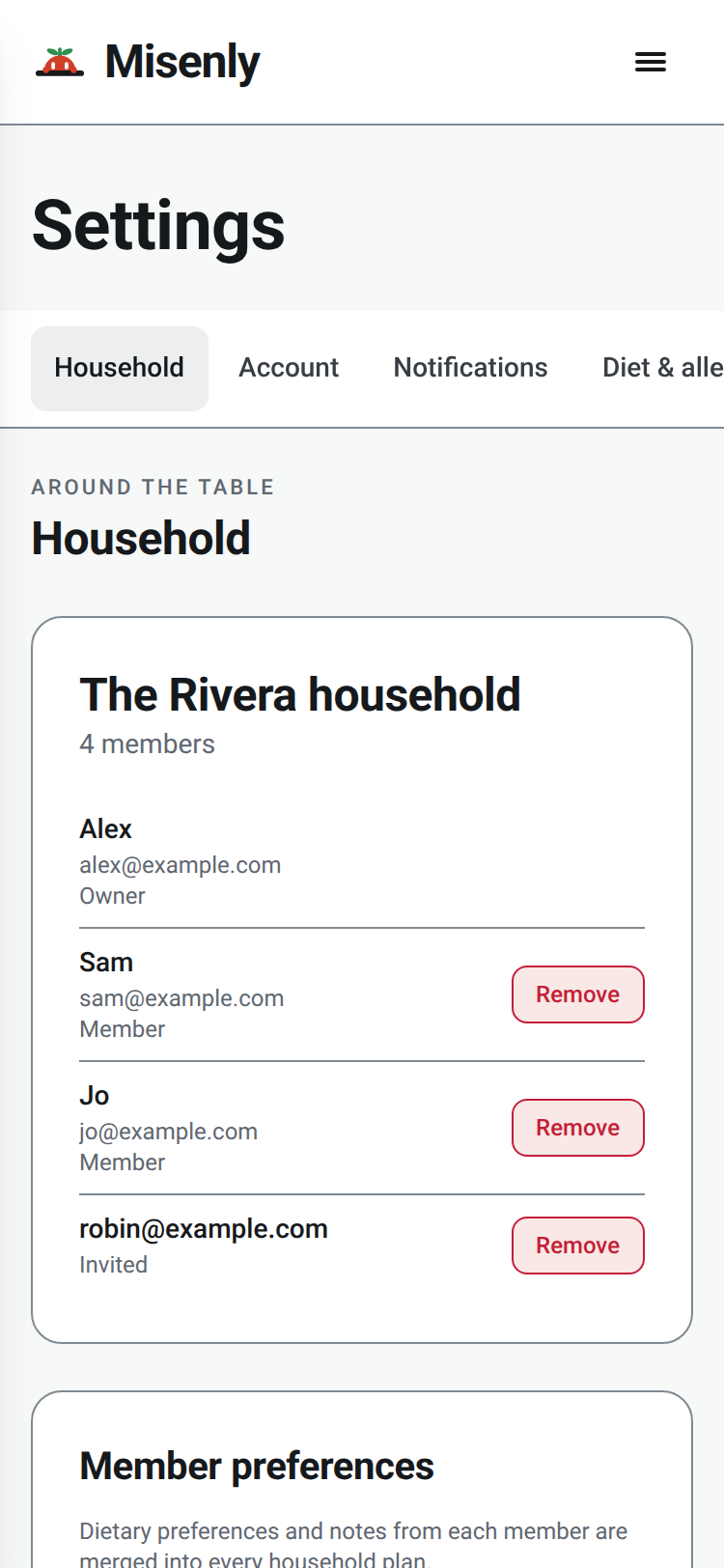 The Household page in Misenly Settings, listing four members with one pending invite