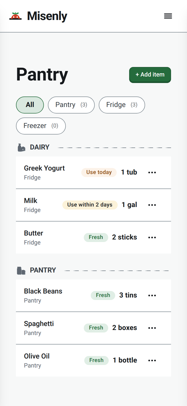 The Misenly Pantry grouped by Dairy and Pantry, with an Add item button and items marked to use soon